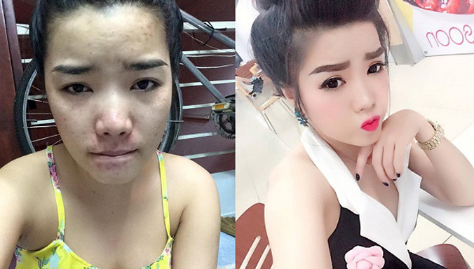 Hình ảnh cô gái trước và sau khi trang điểm, sử dụng phần mềm chỉnh sửa ảnh.