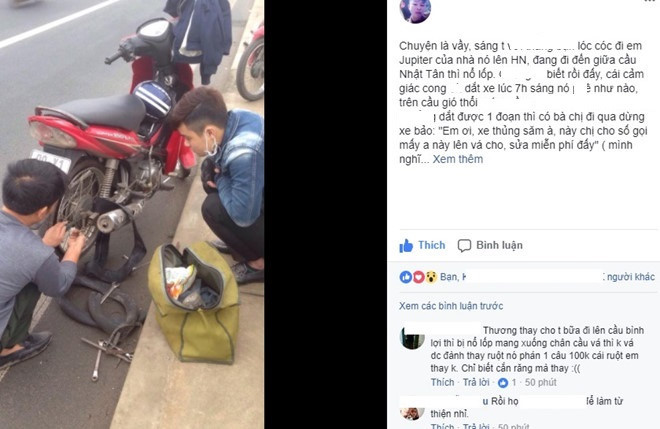 Không "chặt chém" khách đi đường, người đàn ông thay săm miễn phí cho hai bạn trẻ. Ảnh chụp màn hình.