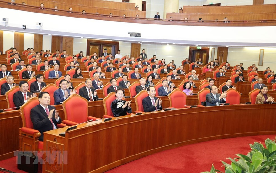 Các đồng chí lãnh đạo Đảng, Nhà nước và các đại biểu dự bế mạc Hội nghị. Ảnh: Trí Dũng/TTXVN.