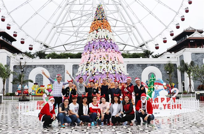 Với chiều cao 10 m, cây thông Noel được kết từ gấu bông đủ màu sắc đang thu hút sự quan tâm mạnh mẽ của giới trẻ Đà Nẵng.