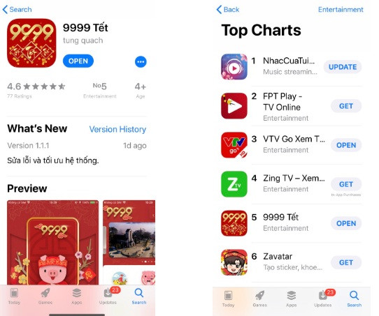 App 9999 Tết lọt top ứng dụng vui chơi giải trí được tải nhiều nhất