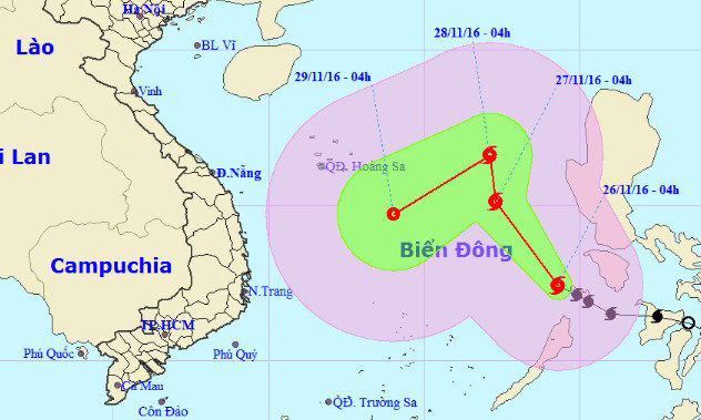 Hướng đi của bão số 9 theo dự báo của Trung tâm dự báo khí tượng thủy văn Trung ương. Ảnh: NCHMF.