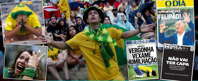 Người hâm mộ Brasil bàng hoàng, đau đớn chứng kiến cảnh đội nhà bị “thảm sát”. ảnh: Dailymail