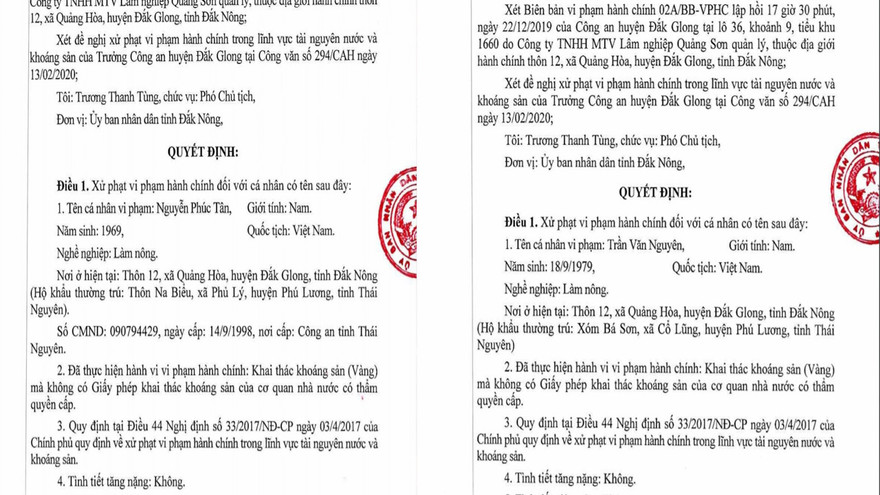 Quyết đinh xử phạt hành chính đối với ông Tân, ông Nguyên