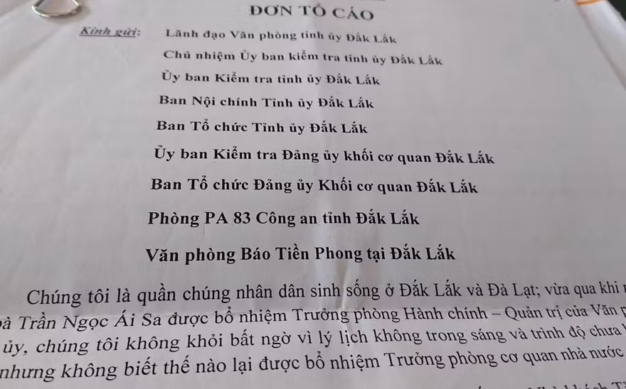 Đơn tố cáo bà Sa gửi đến báo Tiền Phong