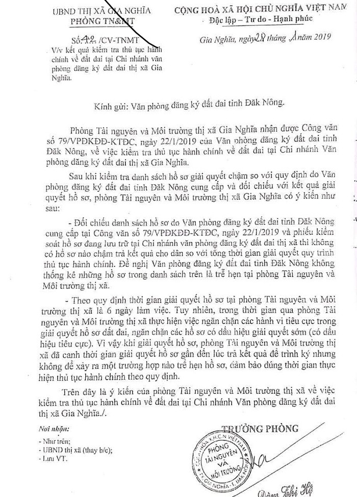 Chủ tịch UBND thị xã Gia Nghĩa yêu cầu hủy bỏ công văn số 42 của Phòng TNMT