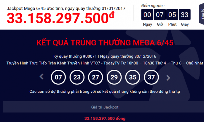 Kết quả quay thưởng xổ số Vietlott Jackpot Mega 6/45 ngày 30/12/2016.
