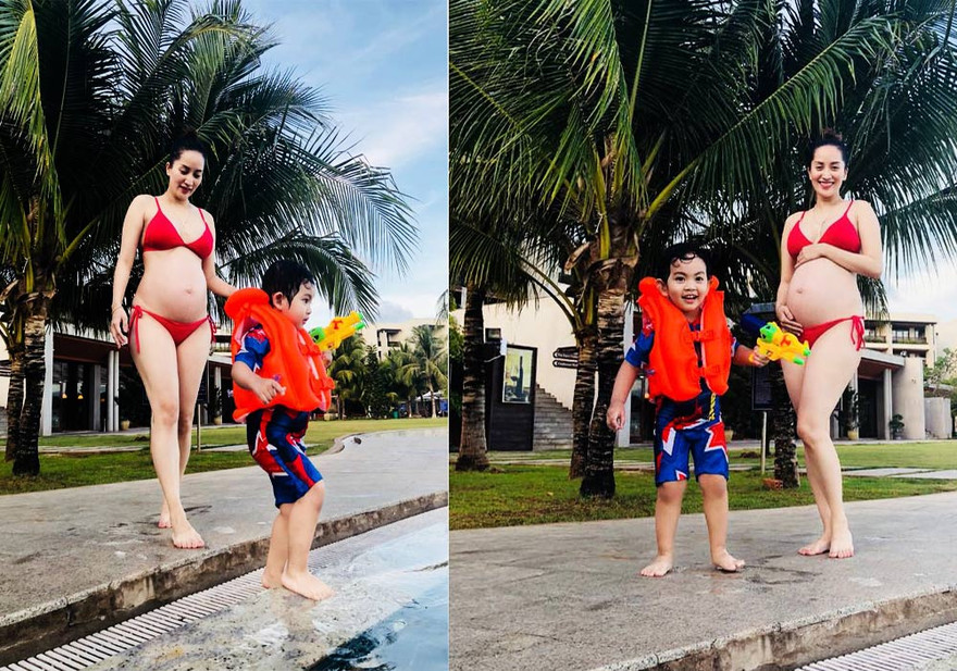 Bà bầu tháng 8 Khánh Thy khoe ảnh bikini quyến rũ bên chồng con
