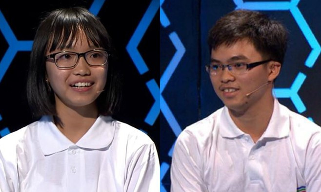 Chân dung hai thí sinh xuất sắc nhất cuộc thi tuần 1, tháng 2, quý II của Đường lên đỉnh Olympia: Lương Anh Thơ (trái) và Nguyễn Anh Cát Tường. Ảnh cắt từ clip.