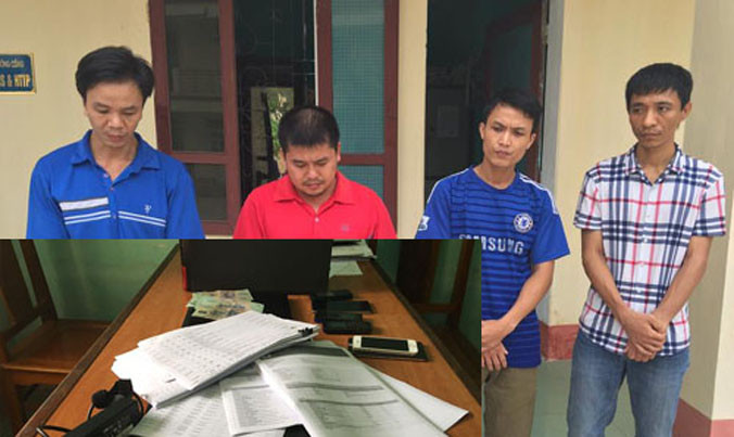 Các đối tượng và tang vật. Ảnh: Hoàng Lam.