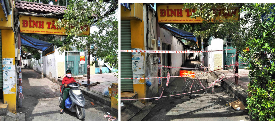 Ảnh trái: Con đường đi vào ngôi đình làng đã được khai thông. Ảnh bên phải là hình ảnh một tháng phong tỏa nghiêm ngặt. 