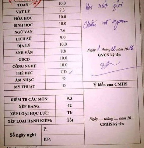 Bảng điểm tổng kết 9,3 của nữ sinh có học lực trung bình. Ảnh chụp màn hình.