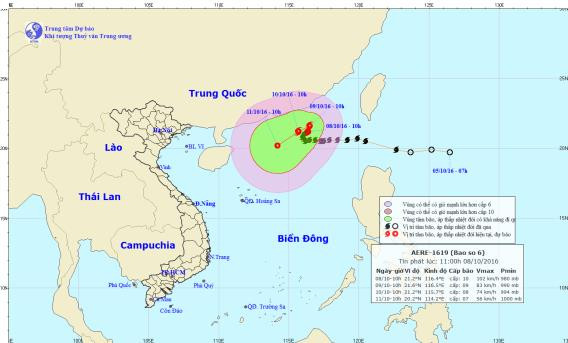 Vị trí và dự báo đường đi của cơn bão số 6. Nguồn: Trung tâm dự báo khí tượng thủy văn Trung ương.
