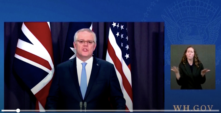 Thủ tướng Úc Scott Morrison trong cuộc họp trực tuyến công bố cơ chế đối tác mới