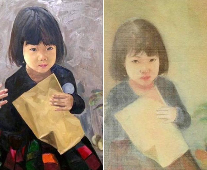 Bức sơn dầu bên phải và bức tranh lụa có chữ ký nghi vấn giả mạo cố họa sĩ Vũ Giáng Hương