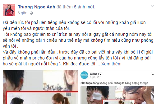 Trương Ngọc Ánh bức xúc lên tiếng trên trang cá nhân.