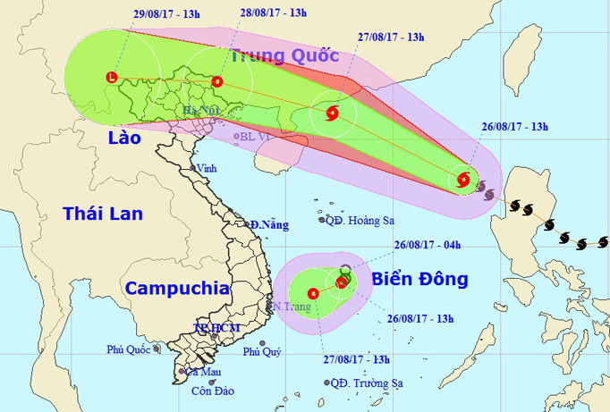 Vị trí, hướng di chuyển của bão số 7 và áp thấp nhiệt đới (Ảnh: NCHMF).