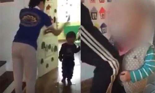 Hình ảnh hai giáo viên mầm non bạo hành trẻ. Ảnh cắt từ clip