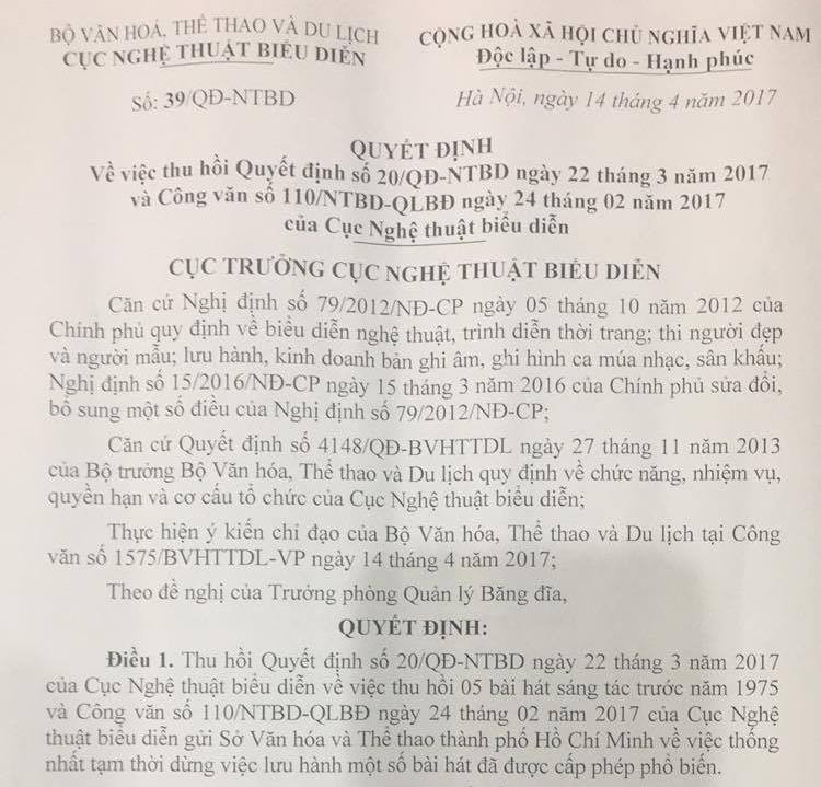 Cục chính thức thu hồi lệnh tạm dừng lưu hành 5 ca khúc trước 1975