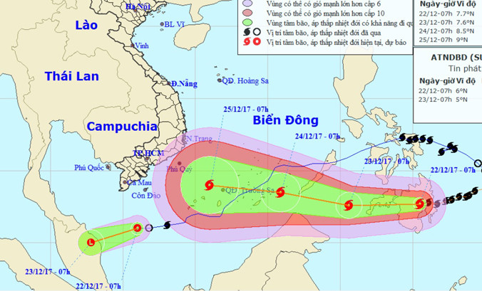 Vị trí và hướng di chuyển của bãoTembin. Ảnh: NCHMF.