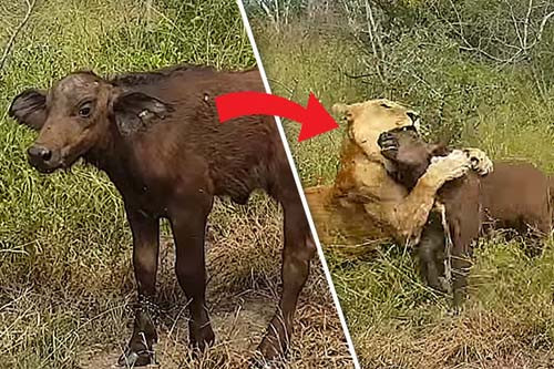 Trâu non ngơ ngác chưa hiểu chuyện gì xảy ra thì đã bị sư tử tấn công.