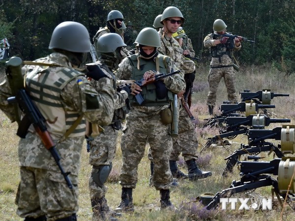  Lính dù thuộc sư đoàn không quân 95 của Ukraine tham gia diễn tập quân sự ở vùng Zhytomyr, cách Kiev khoảng 150km ngày 11/9. (Nguồn: AFP/TTXVN)
