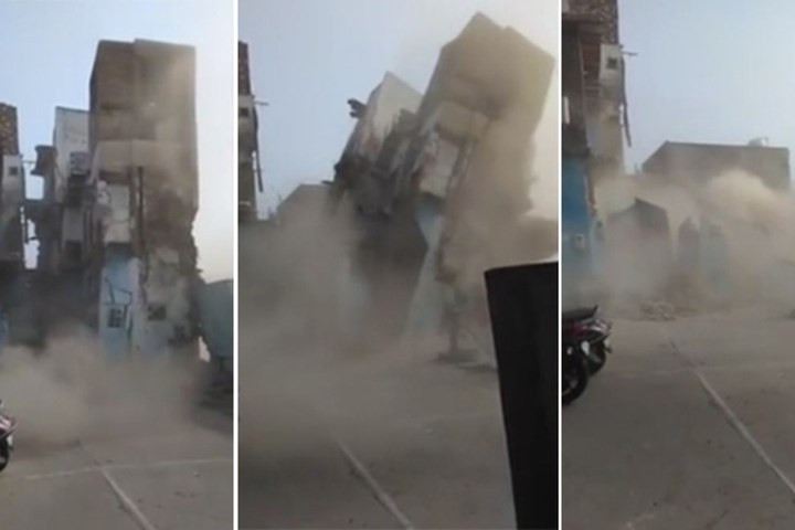 Căn nhà 3 tầng đổ sập vì hàng ngàn con chuột. Ảnh cắt từ clip.