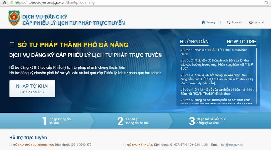 Giao diện đăng kí cấp Phiếu lí lịch tư pháp trực tuyến