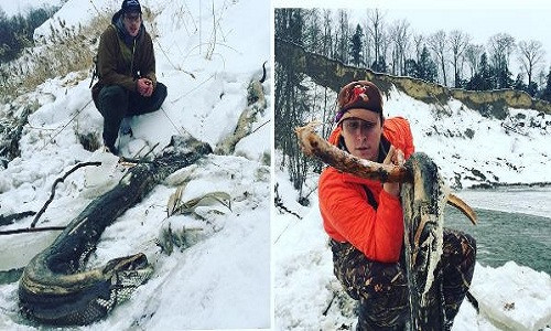 Xác con trăn được hai ngư dân phát hiện bên bờ sông Ohio. Ảnh: Instagram.