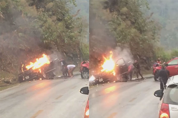 Xế hộp bốc cháy dữ dội sau va chạm xe bán tải