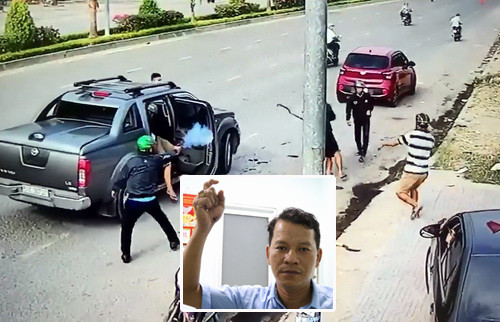 Cảnh ông Tuấn bắn đạn hơi cay vào nhóm đối thủ (ảnh lớn). Ông này cho rằng nổ súng để tự vệ khi bị truy sát