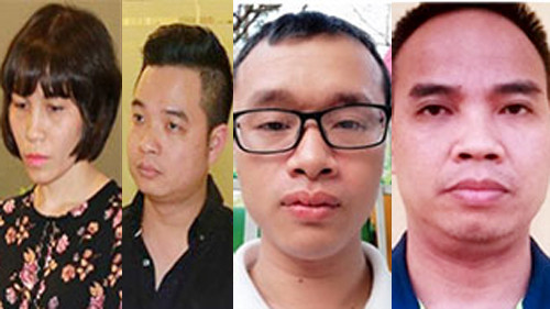 Các bị can từ trái qua Châu Nguyên Anh và Phạm Quang Minh, Lê Anh Tuấn và Nguyễn Đình Chiến