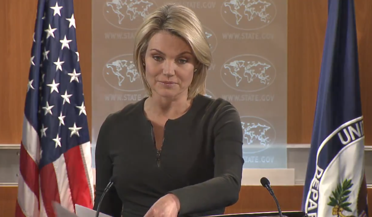 Người phát ngôn Bộ Ngoại giao Mỹ Heather Nauert đưa ra tuyên bố về danh sách các công ty Nga nghi can thiệp bầu cử Mỹ 2016. Ảnh: RT