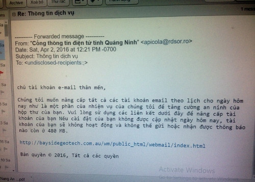 Một thư giả mạo gửi đến thư điện tử công vụ.