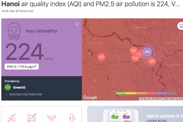 Chỉ số AQI tại Hà Nội lúc 10h sáng nay. Nguồn: Airvisual