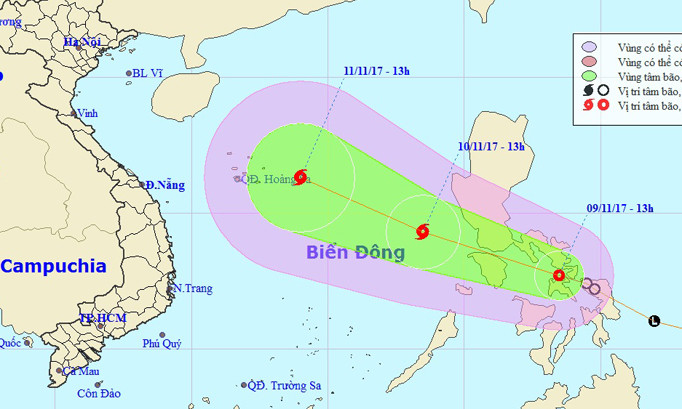 Vị trí và hướng di chuyển của áp thấp nhiệt đới. Ảnh: NCHMF.