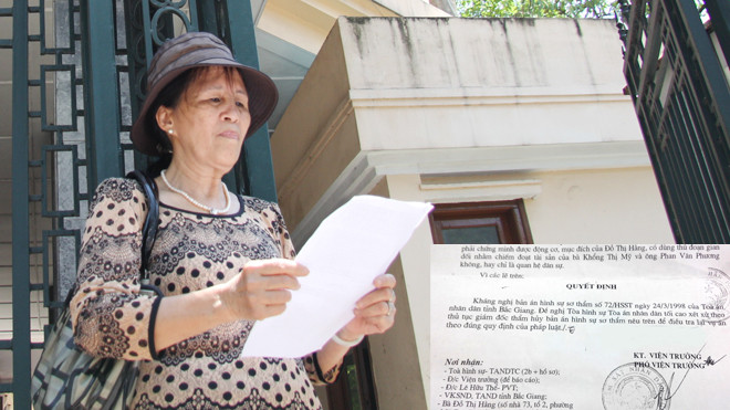 Bà Đỗ Thị Hằng đi kêu oan (ảnh to) và quyết định kháng nghị của VKSNDTC (ảnh nhỏ)