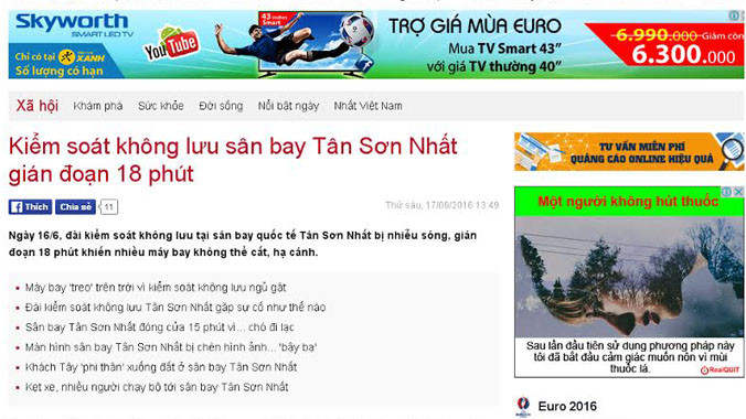 Một trang tin đến chiều 17/6 vẫn đăng thông tin thất thiệt về sự cố không lưu.