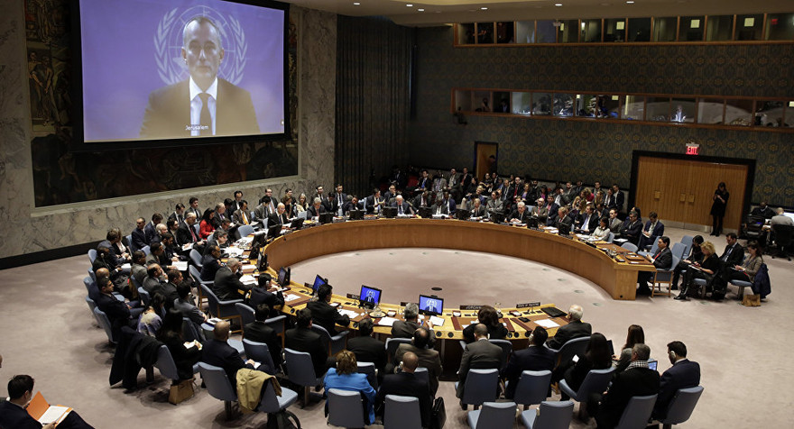Hội đồng Bảo an Liên Hợp Quốc nghe bài phát biểu của đặc phái viên của LHQ tại Trung Đông Nickolay Mladenov. Ảnh: AP