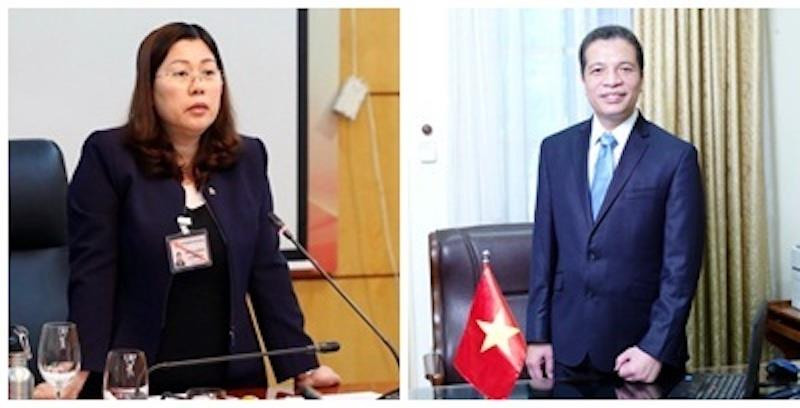 Thứ trưởng Bộ Tài nguyên và Môi trường Nguyễn Thị Phương Hoa (trái) và Thứ trưởng Bộ Ngoại giao Đặng Minh Khôi.