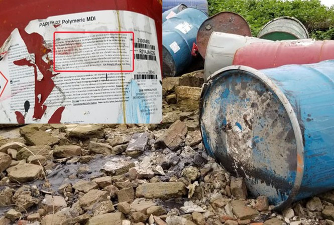 Thùng phuy chứa chấy nguy hại vứt ven sông Hồng.