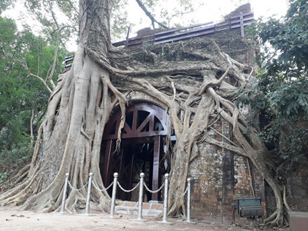 Thành cổ Sơn Tây được "nhốt" trong khung sắt để tránh bị đổ trong lúc chờ dự án tu bổ. Ảnh: Lao Động