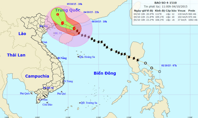 Đường đi cơn bão số 4. Ảnh: Trung tâm Dự báo Khí tượng Thủy văn Trung ương.