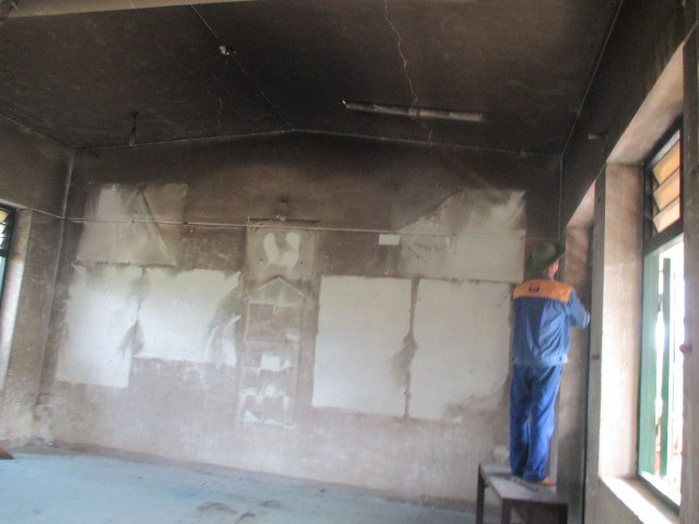 Hiện trường lớp học 5A3 nơi xảy ra vụ cháy.