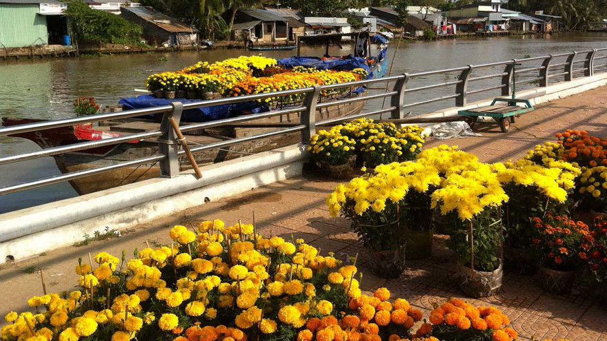 Thuyền chở hoa cập bến chợ Vị Đông. Ảnh: Sáu Nghệ