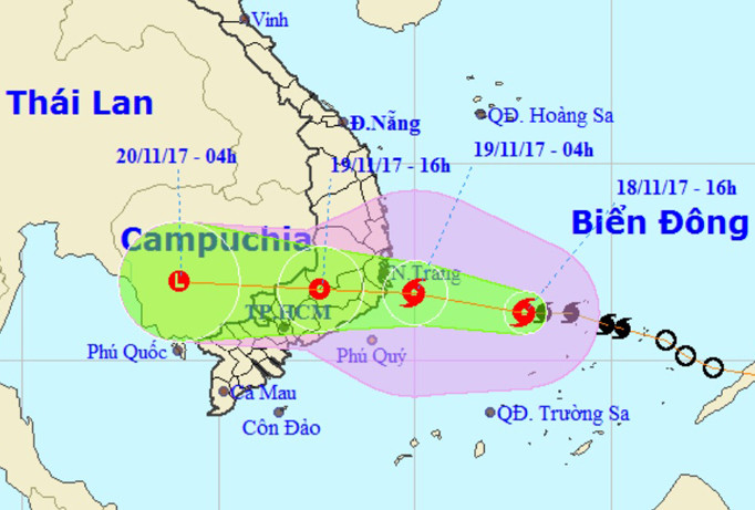 Vị trí và hướng di chuyển của cơn bão số 14. Ảnh: NCHMF.