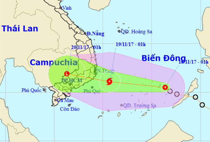 Vị trí và hướng di chuyển của cơn bão số 14. Ảnh: NCHMF.