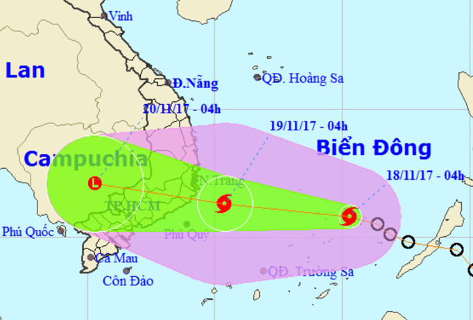 Vị trí và hướng di chuyển của cơn bão số 14. Ảnh: NCHMF.
