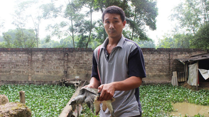 Anh Hà Trung Hòa bên mô hình nuôi ba ba gai