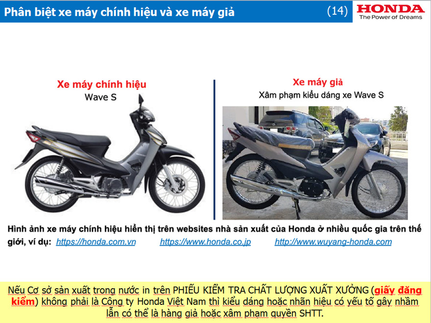 Xe máy Honda Wave S thật (trái) và giả (phải)